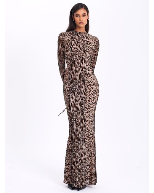 Miss Circle New York Gray Neutrals Waylynn Nude Animal Print Burnout Velvet Detail Mesh Backless Maxi Dress