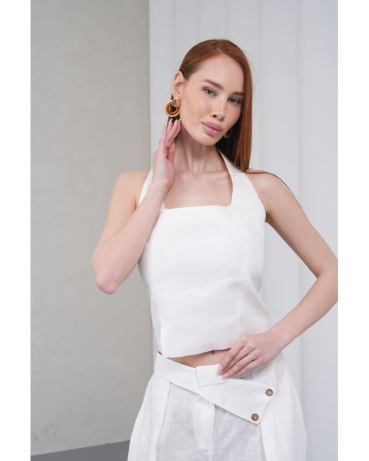 Lumina Eligma White The Halterline Linen Blouse