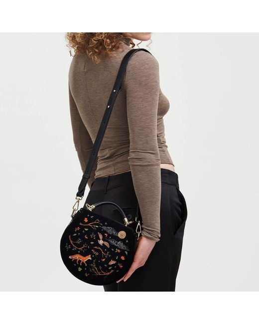Fable England Black Fox & Owl Embroidered Top Handle Saddle Bag