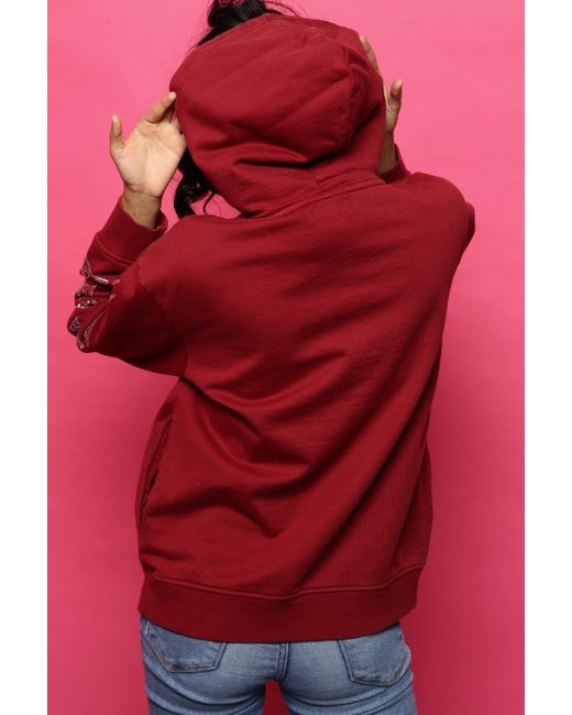 Miracles Manifester Red God First Affirmation Hoodie With Rhinestone Design