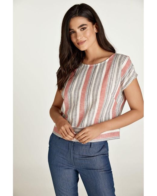 Conquista Pink Coral Striped Linen Style Top