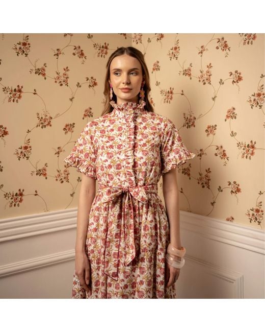Echo of Pink Pink Sofia Ruffled Neck Hand Block Print Cotton Dress