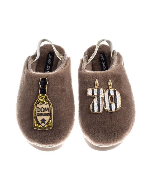 Laines London Brown Neutrals Flatform Cloud Closed Toe Slippers With Stripe 70Th Birthday & Dom Darling Brooches