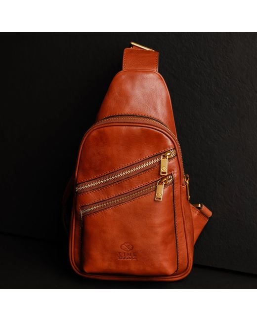 Time Resistance Brown Cognac Leather Sling Bag for men