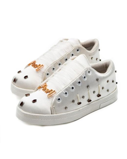 Rettrose White Amara Luxury Satin Handmade Embellished Tennis Shoe