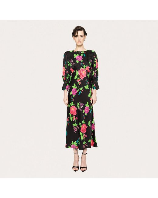 Nissa Green Puff-Sleeves Viscose Midi Dress