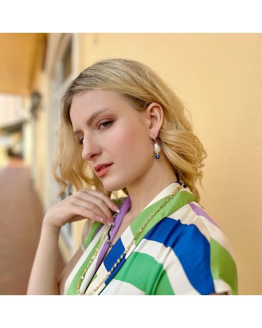 Farra White Baroque Pearls With Lapis Earrings