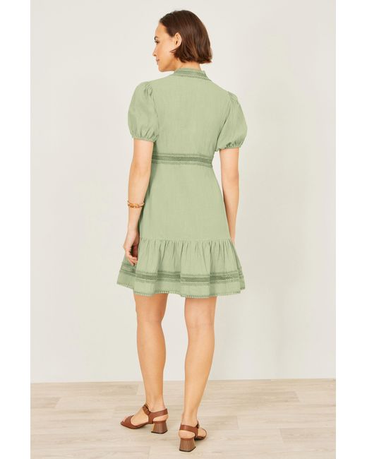 Yumi' Green Cotton Lace Trim Skater Shirt Dress