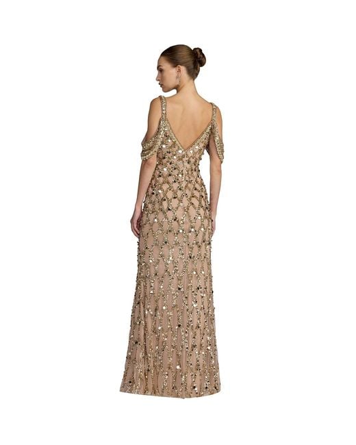 Mac Duggal Natural Sequin Embellished V-Neck Gown