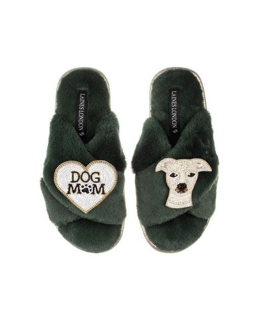 Laines London Green Classic Laines Slippers With The Iggy & Dog Mum Mom Brooches