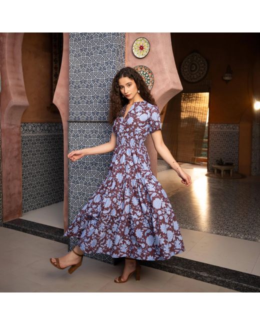 Echo of Pink Blue Evelyn Hand Block Print Maxi Cotton Tiered Dress