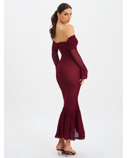 Miss Circle New York Purple Kaedyn Burgundy Off Shoulder Long Sleeve Crochet Mermaid Maxi Dress