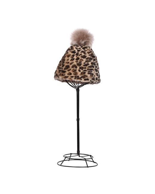 Owen Barry Brown Sheepskin Pull On Beanie Pom Pom Leopard Joni