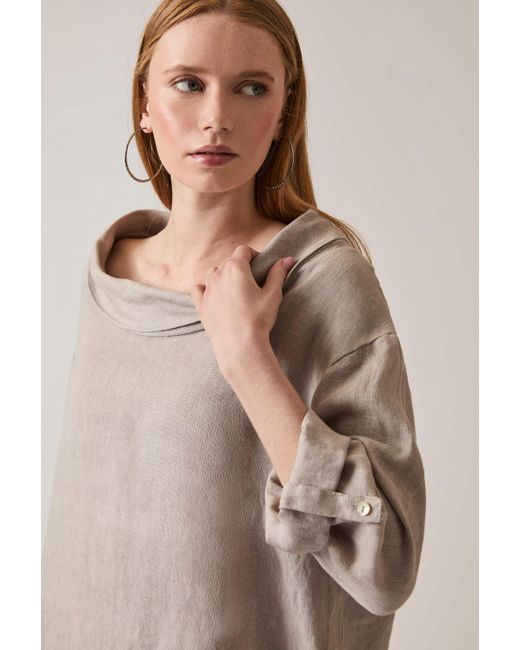 James Lakeland Multicolor Neutrals Cowl Neck Linen Taupe Top