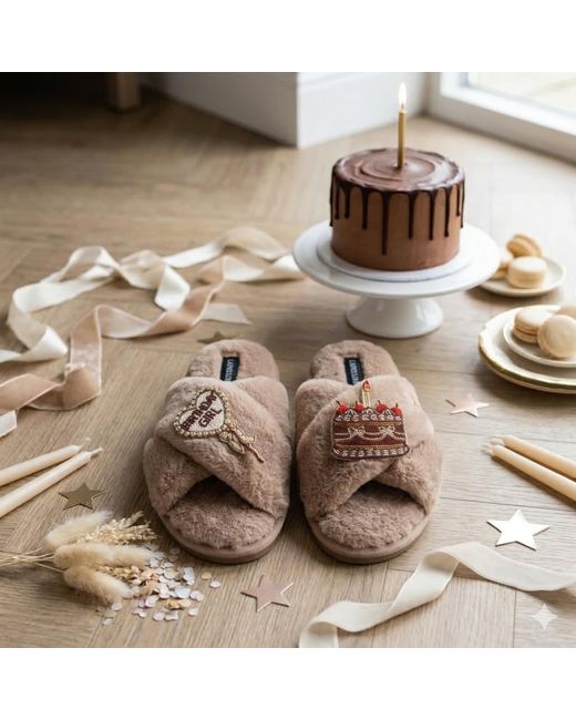 Laines London Brown Neutrals Classic Laines Slippers With Birthday Girl Balloon & Chocolate Cake Brooches