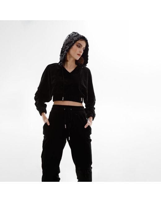 Lita Couture Black Short Hooded Velvet Sweatshirt