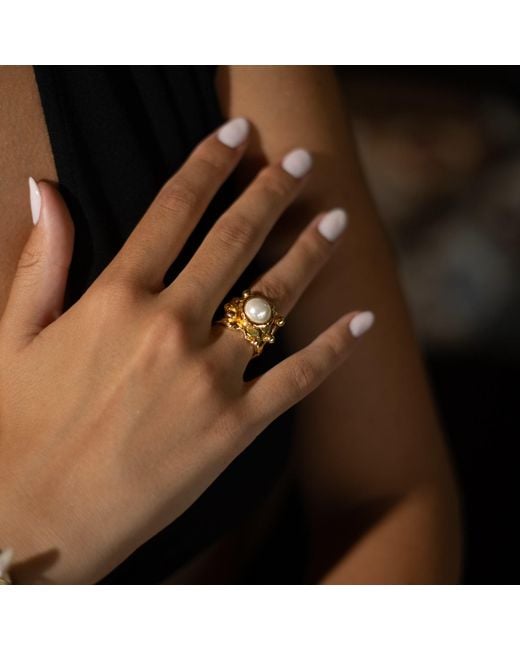Ebru Jewelry Metallic Royal Pearl Crown Ring