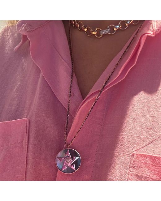 Ecce | Artisan Diamonds Metallic 925K Sterling Plated Happy Star Heart Diamond Double Chain Necklace With Mother Of Pearl