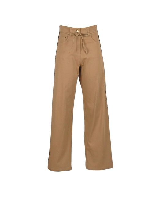 Lalipop Design Natural Neutrals Wide-Leg Tan Cotton Pants With Leopard Piped Trim