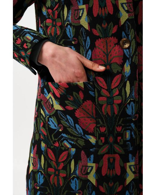 Louche Black Dryden Folk Jacquard Fur Collared Coat