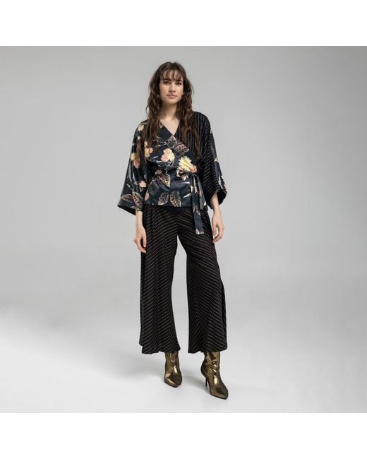ARTISTA Black Striped Viscose Elastic Waist Culottes