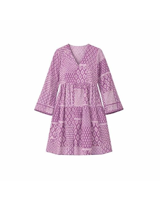 House of Gl Purple Liora Hand-Block Printed Cotton Bell Sleeve Mini Dress With Lace Detail