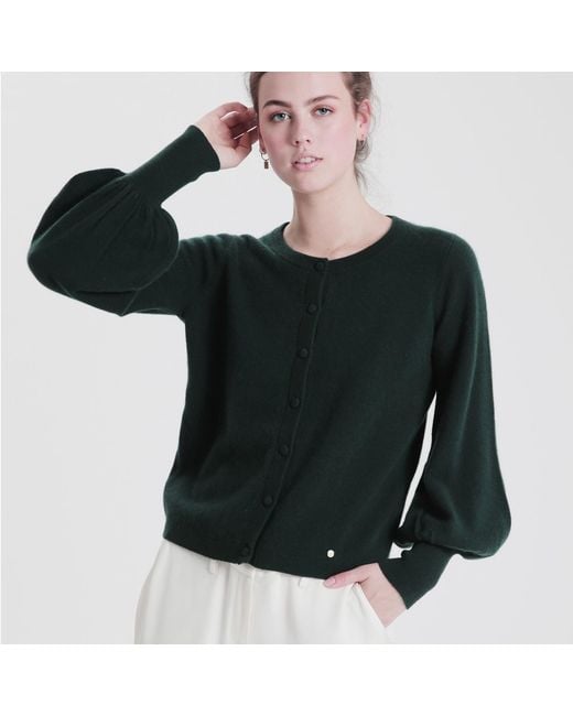tirillm Green Ava Cashmere Cardigan With Puffed Sleeves