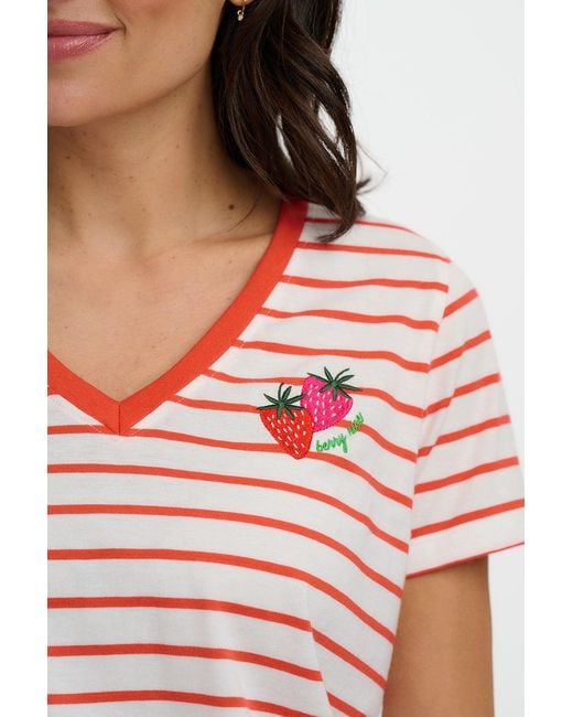Sugarhill Pink Khloe V-Neck T-Shirt, Off Stripe, Strawberry