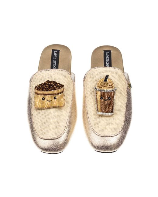 Laines London Metallic Neutrals Classic Mules With Laines Lovables Coffee Beans & Frappe Brooches