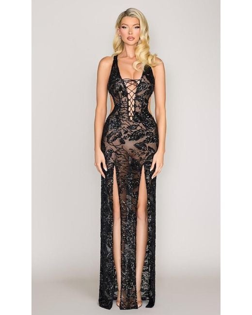 Moda Glam Black Vixen Lace-Up Sheer Sequin Gown