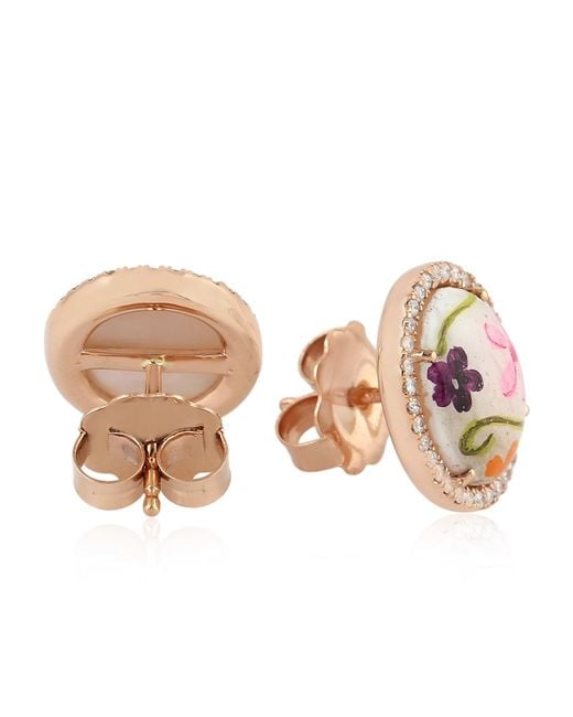 Artisan Pink Rose Mother Of Pearl, Enamel & Diamond Flower Earrings