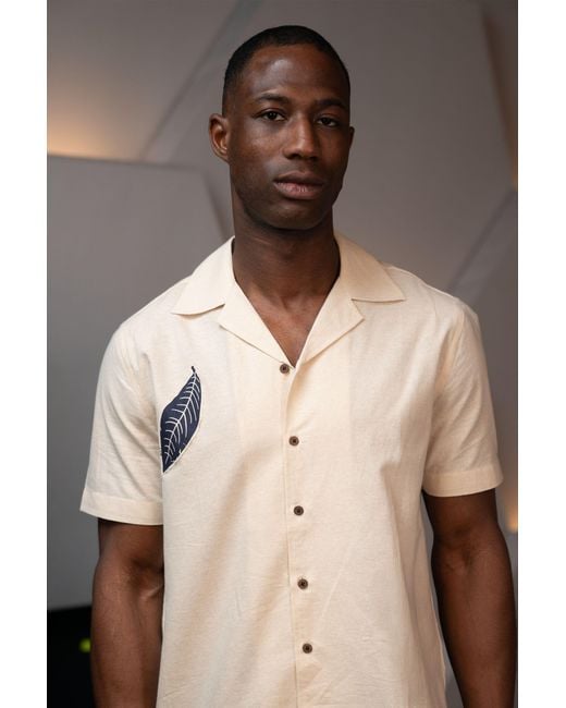 Stovaria Natural Camp Collar Half Sleeve Organic Cotton Shirt With Leaf Appliqué for men