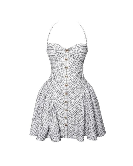 Miss Circle New York Gray Melody & Plaid Tweed Halter Drop Waist Mini Dress