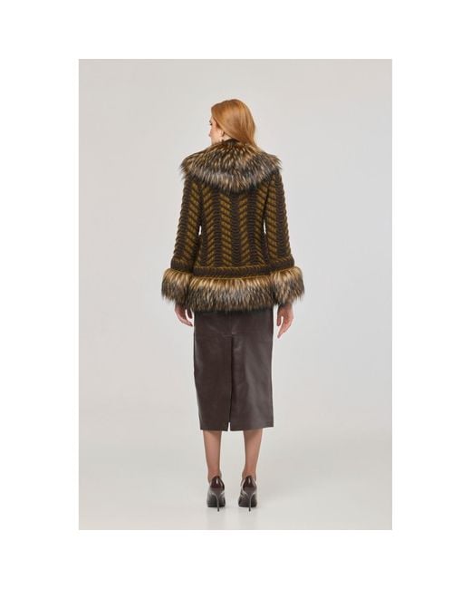 The Extreme Collection Brown Short Knit Coat With Faux Fur Leonore