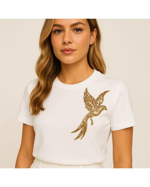 House of Laines London White Laines Couture Embellished Bird Of Paradise T-Shirt