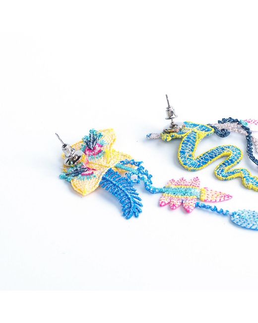 Nana Watanabe Blue Garden Snake Floral Embroidered Earrings