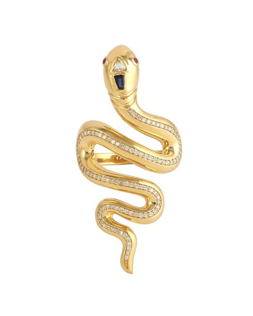 Artisan Metallic 14k Yellow Gold Sapphire Ruby Diamond Snake Long Ring Handmade