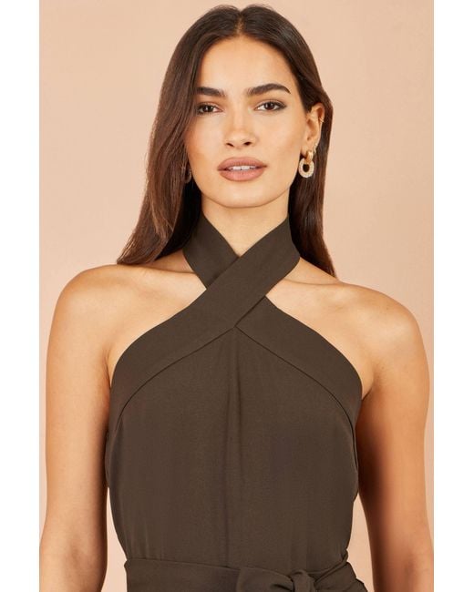 Yumi' Brown Cross Over Halter Neck Jumpsuit
