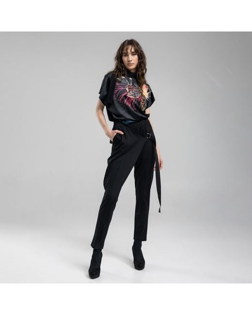 ARTISTA Black Asymmetric Turtleneck Printed Top