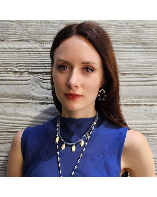 Farra Blue Bohemian Style Sodalite With Leaves Charms Statement Necklace