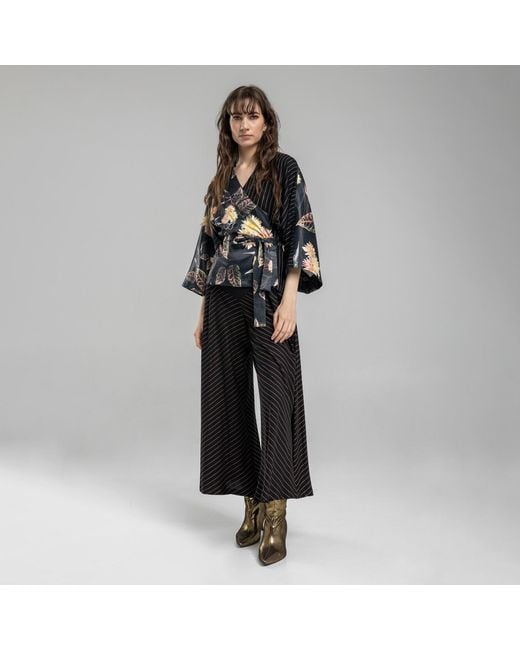 ARTISTA Black Striped Viscose Elastic Waist Culottes