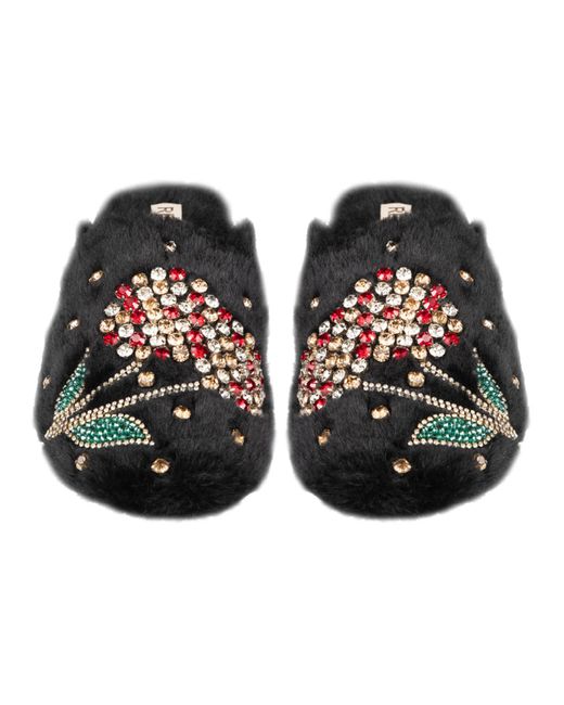 Rettrose Black Georgie Luxury Plush Diamanté Embellished Handmade Slipper