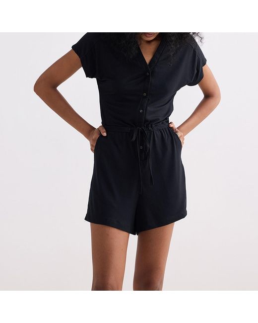 REISTOR Black V Neck Drawstring Knit Romper