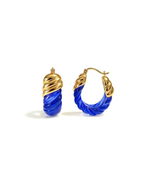Gold & Honey Blue Sapphire Rope Shrimp Lucite Birthstone Hoop Earrings