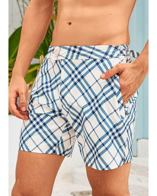 Vayla Blue Long Length Checkered Swim Shorts for men