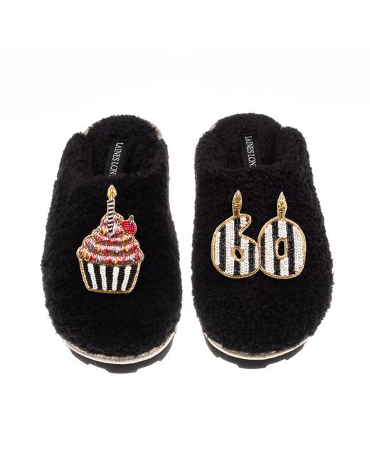 Laines London Black Teddy Closed Toe Slippers With Stripe 60Th Birthday & Cake Brooches