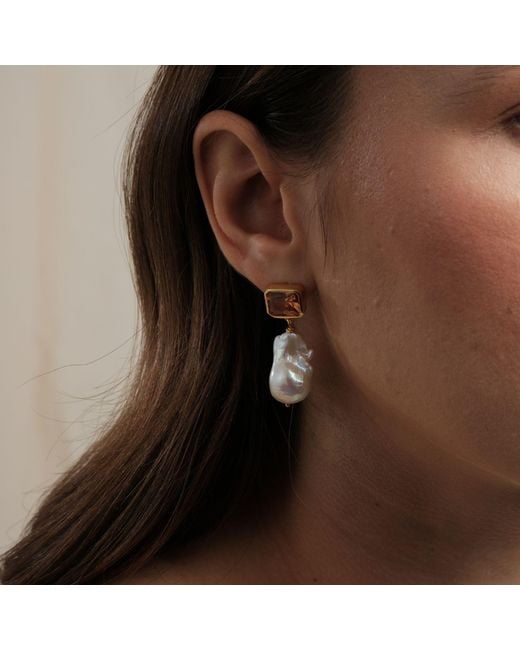 LINYA JEWELLERY Metallic Champagne Crystal Stone Baroque Pearl Dangle Earrings