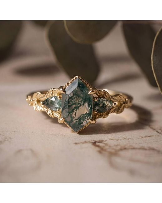 Azura Jewelry New York Green Gardenia Moss Agate Ring Vermeil