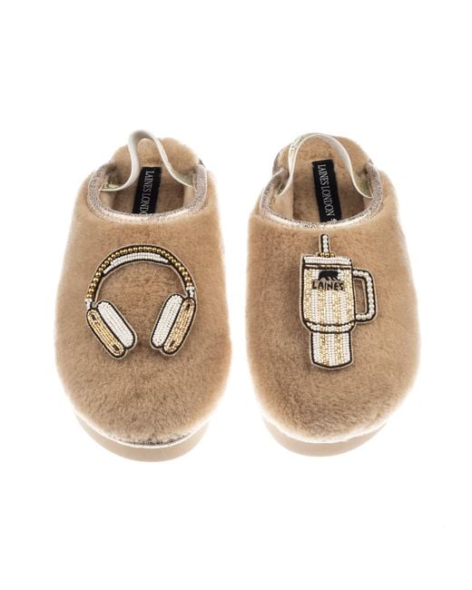 Laines London Brown Neutrals Flatform Cloud Closed Toe Slippers With Headphones & Quencher Brooches