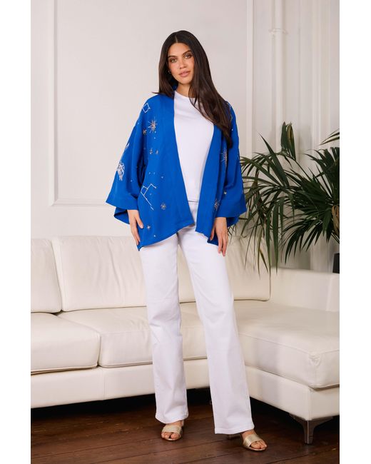 Artemis Muse Blue Cosmos Embroidered Electric, Ivory & Fully Lined Short Kimono